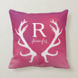 Monogram Rustic Antlers Watercolor Bright Pink Throw Pillow<br><div class="desc">A bright watercolor background with splashes and paintbrush strokes of red, pink and purple lays the foundation for a beautiful, trendy item. Personalize it with your name and monogram! A pair of rustic white european deer antlers adds a touch of country. Makes an artistic gift for those who also appreciate...</div>