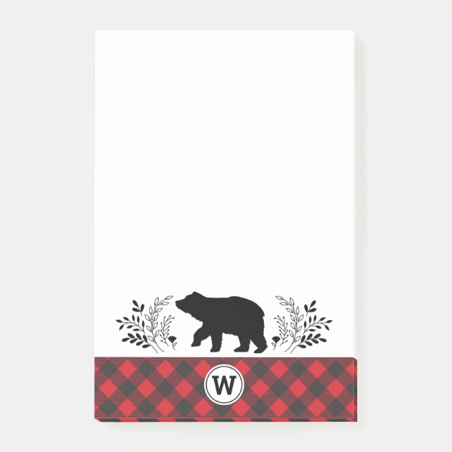 Monogram Rustic Bear Buffalo Plaid Post-it Notes (Front)
