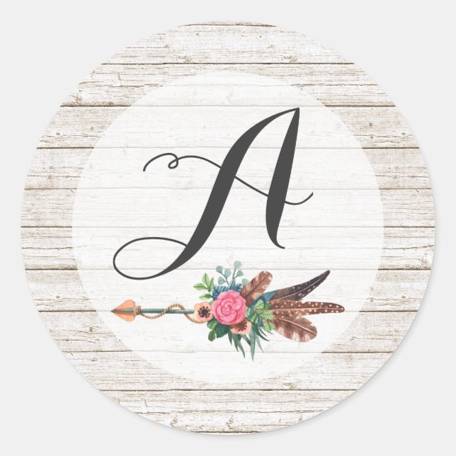 Monogram Rustic Bohemian Feathers Arrow Wedding Classic Round Sticker (Front)