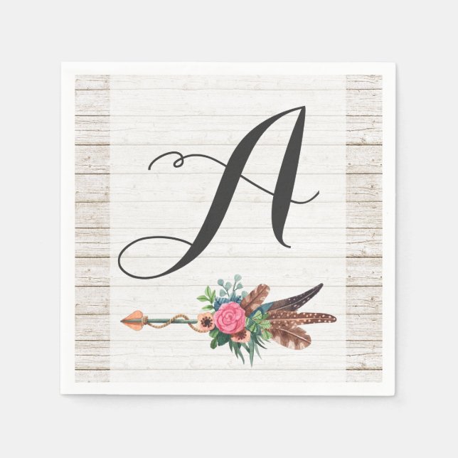 Monogram Rustic Bohemian Feathers Arrow Wedding Napkin (Front)