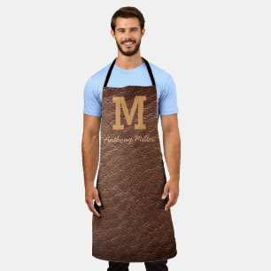 Monogram Rustic Brown Leather Name Script Modern Apron