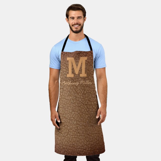 Monogram Rustic Brown Leather Name Script Modern Apron (Worn)