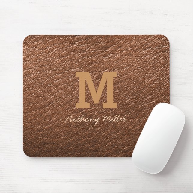 Monogram Rustic Brown Leather Name Script Modern Mouse Pad (With Mouse)