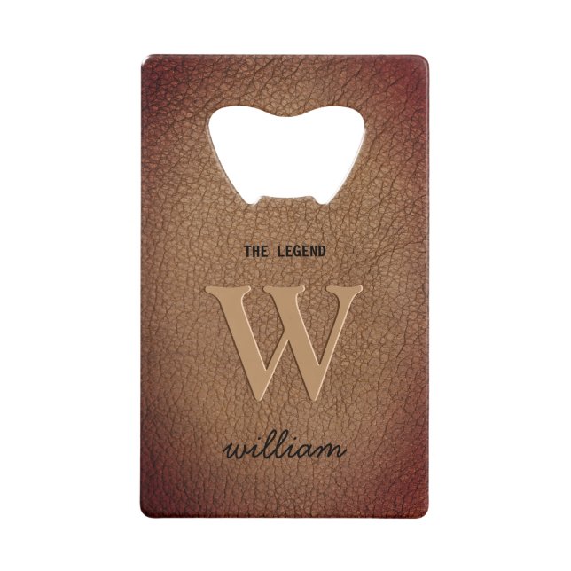 Monogram rustic brown leather stylish script name credit card bottle opener (Front)