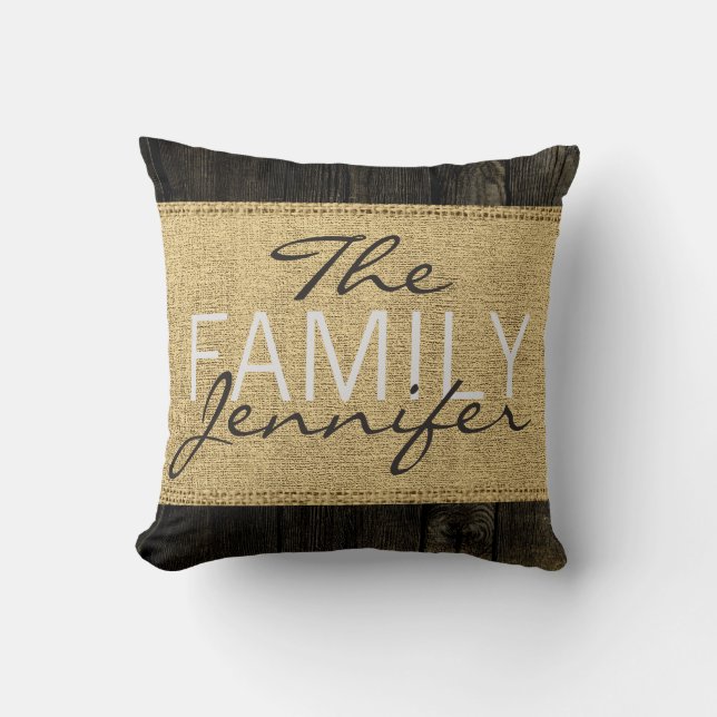 Monogram Rustic Burlap Black Wood Look Throw Pillow (Front)