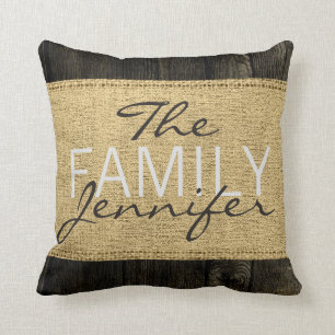 Monogram Rustic Burlap Black Wood Look Throw Pillow