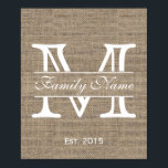 Monogram Rustic Burlap Family Name Poster<br><div class="desc">Monogram Rustic Burlap Family Name Posters.</div>