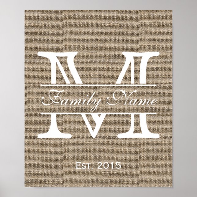 Monogram Rustic Burlap Family Name Poster (Front)