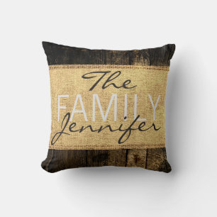 Monogram Rustic Burlap Old Wood Look Throw Pillow