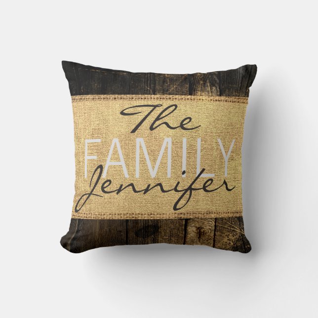 Monogram Rustic Burlap Old Wood Look Throw Pillow (Front)