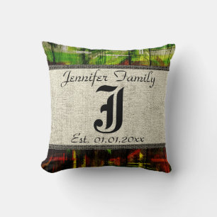 Monogram Rustic Burlap Paint Wood Look #5 Throw Pillow