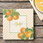 Monogram rustic citrus oranges watercolor stripes  stone coaster<br><div class="desc">Relax with your favourite beverage and protect your furniture with this beautiful, chic, simple, modern, custom monogram name stone coaster. Fresh watercolor oranges and green leaves, along with grass green handwritten script typography, overlay a light orange yellow pinstripe pattern. Personalize with your name and monogram initial. Makes a stylish statement...</div>