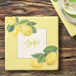 Monogram rustic country lemon watercolor polka dot stone coaster<br><div class="desc">Relax with your favourite beverage and protect your furniture with this beautiful, chic, simple, modern, custom monogram name stone coaster. Fresh, rustic, country watercolor lemons and green leaves, along with grass green handwritten script typography, overlay white polka dots on a light yellow background. Personalize with your name and monogram initial....</div>