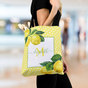 Monogram rustic country lemon watercolor polka dot tote bag