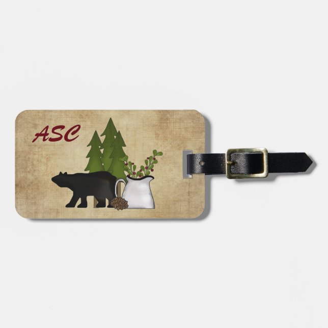 Monogram Rustic Country Mountain Silhouette Bear Luggage Tag (Front Horizontal)