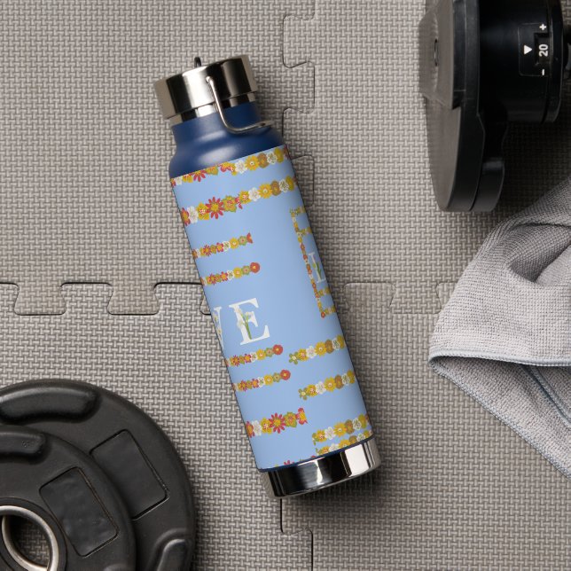 Monogram Rustic Daisy Floral Love Blue Water Bottl Bottle (Gym)