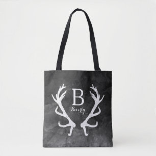 Monogram Rustic Deer Antlers on Black Watercolor Tote Bag