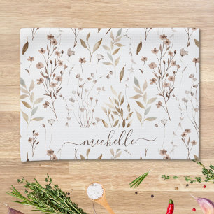 Monogram Rustic Elegant Brown Wildflowers Leaves Kitchen Towel