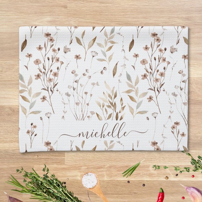 Monogram Rustic Elegant Brown Wildflowers Leaves Kitchen Towel (In situ)