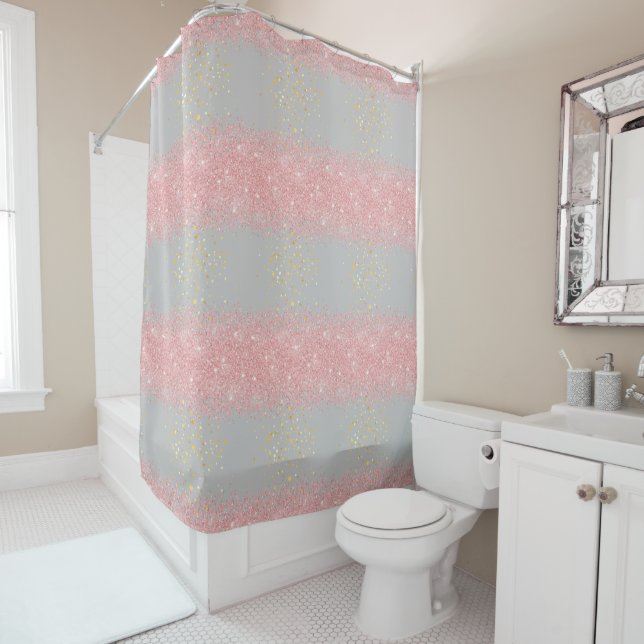   Monogram Rustic Glitter Pink Grey Shower Curtain (In Situ)