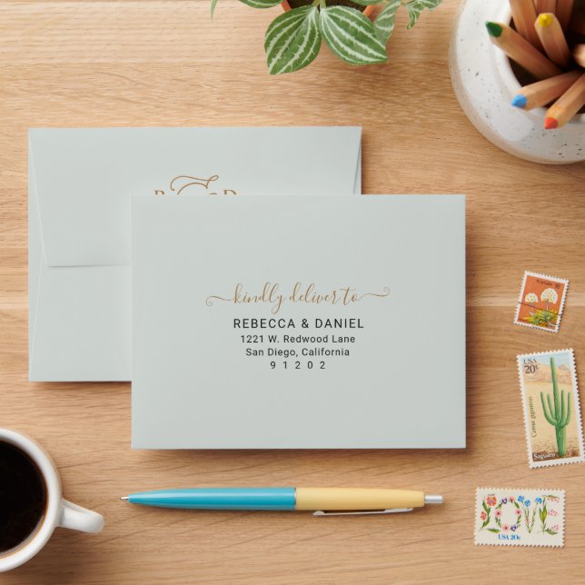 Monogram Rustic Greenery Gold Return Address RSVP Envelope (Desk)
