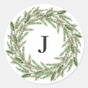 Monogram Rustic Greenery Pine Wreath Holiday Classic Round Sticker