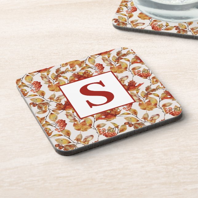 Monogram Rustic Leaf Autumn  Coaster (Left Side)