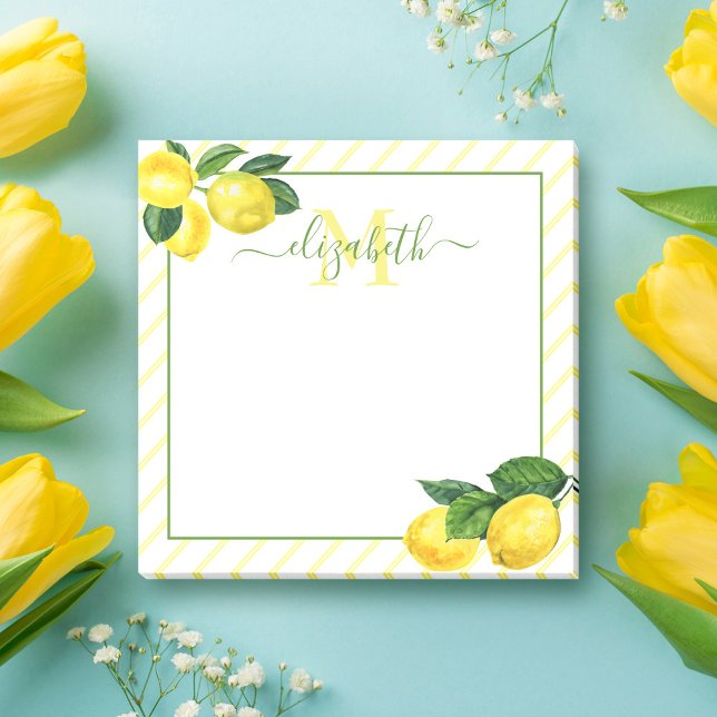 Monogram rustic lemons watercolor, country stripes post-it notes (Creator Uploaded)