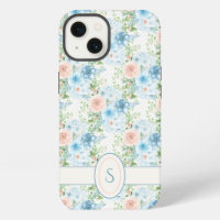 Monogram Rustic Pink Blue Watercolor Floral