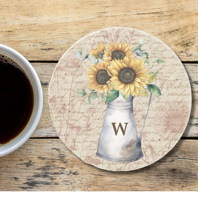 Monogram Rustic Sunflower Vintage Letter Decoupage Coaster (In situ)