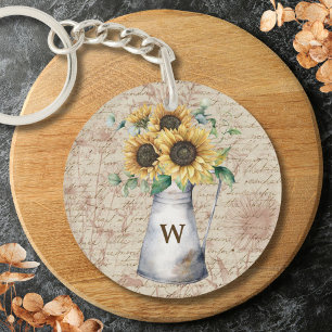 Monogram Rustic Sunflower Vintage Letter Decoupage Keychain