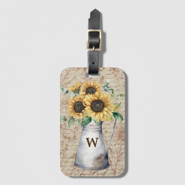 Monogram Rustic Sunflower Vintage Letter Decoupage Luggage Tag (Front Vertical)