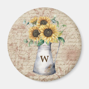 Monogram Rustic Sunflower Vintage Letter Decoupage Magnet