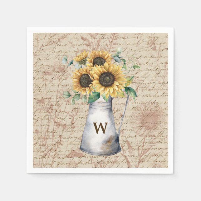Monogram Rustic Sunflower Vintage Letter Decoupage Napkin (Front)