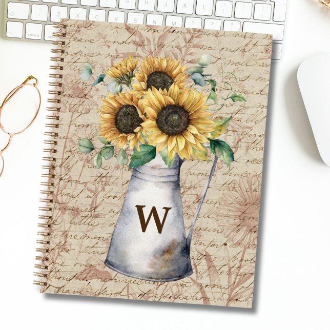 Monogram Rustic Sunflower Vintage Letter Decoupage Notebook (In situ)