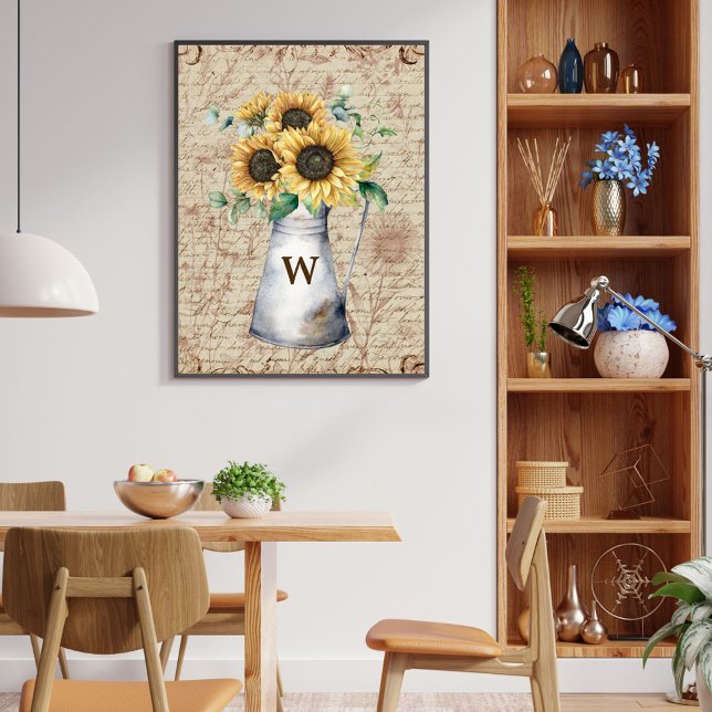 Monogram Rustic Sunflower Vintage Letter Decoupage Poster (In situ)