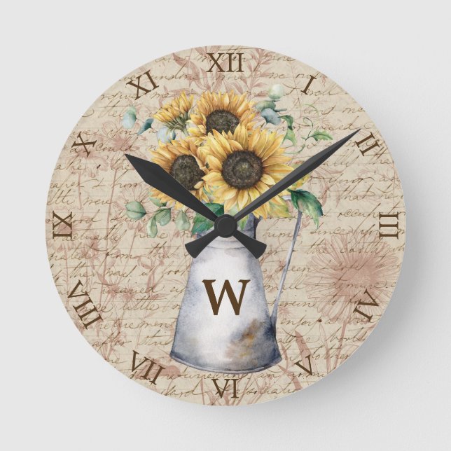 Monogram Rustic Sunflower Vintage Letter Decoupage Round Clock (Front)