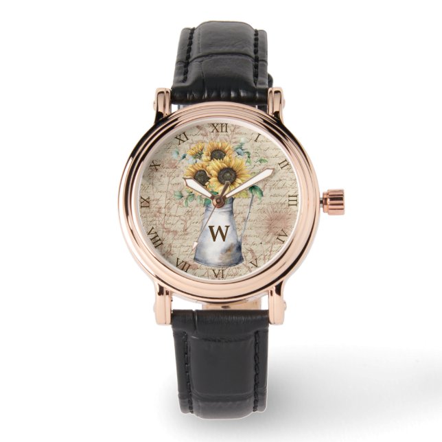 Monogram Rustic Sunflower Vintage Letter Decoupage Watch (Front)