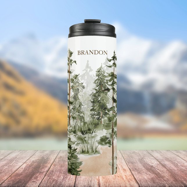 Monogram Rustic Watercolor Green Forest Thermal Tumbler (In situ)