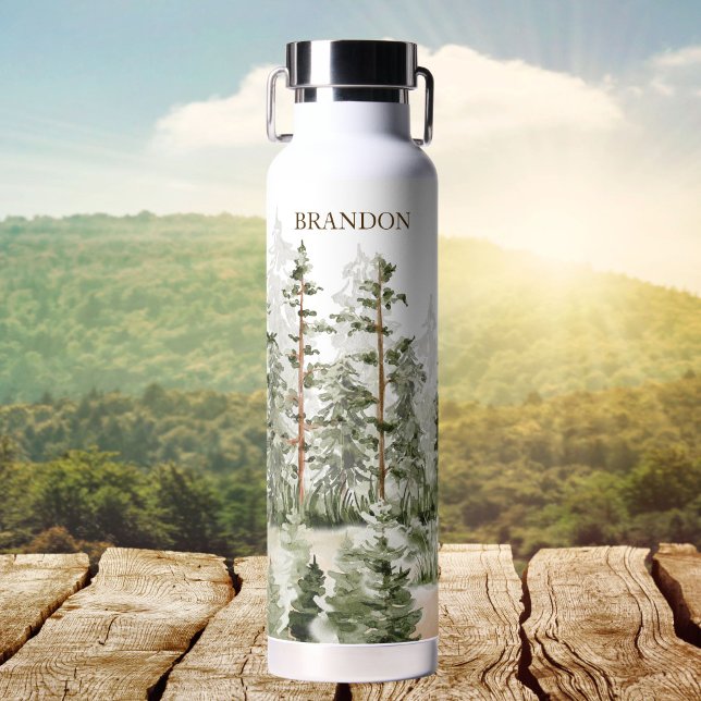 Monogram Rustic Watercolor Green Forest Water Bottle (Creator Uploaded)