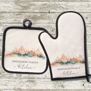 Monogram Rustic Watercolor Mountains Oven Mitt & Pot Holder Set