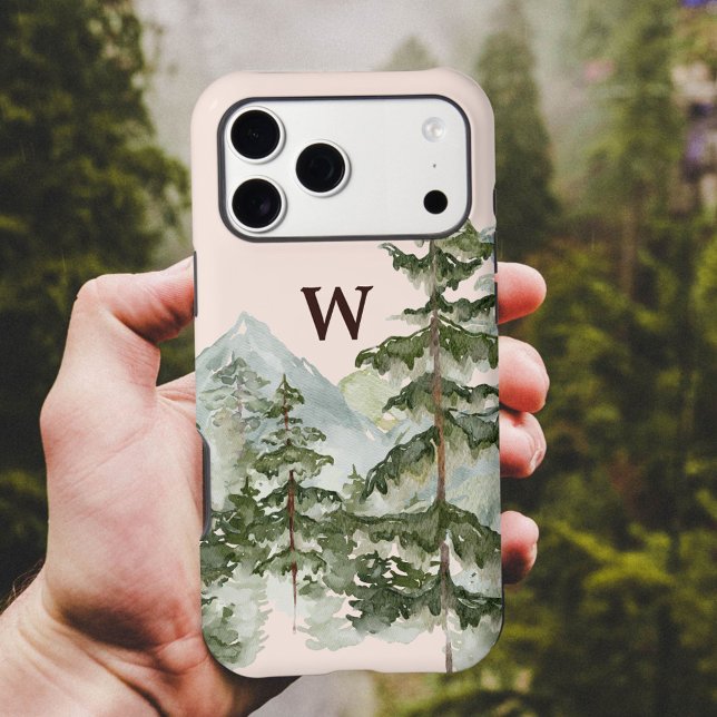 Monogram Rustic Watercolor Pine Forest & Mountain  (In situ)