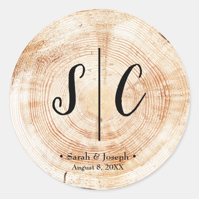 Monogram Rustic Wedding Wood disc slab Classic Round Sticker (Front)