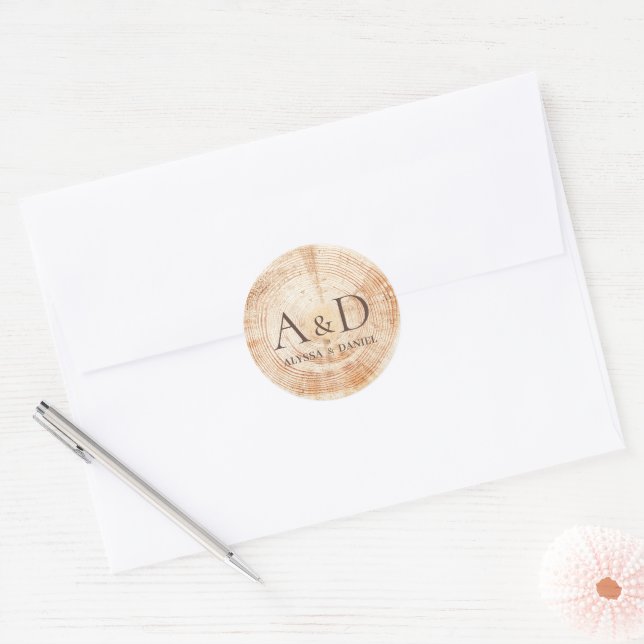 Monogram Rustic Wedding Wood Slice Custom Classic Round Sticker (Envelope)