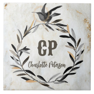 Monogram Rustic White Marble Bird Wreath Custom Tile