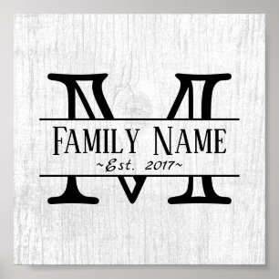 Monogram Rustic White Wood Family Name Poster