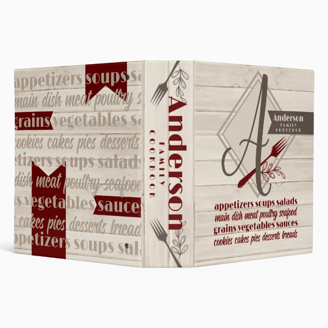 Monogram rustic wood cookbook personalized recipe binder (Background)
