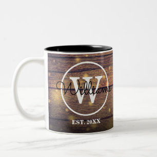 Monogram Rustic Wood Elegant Script Personalized Two-Tone Coffee Mug