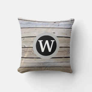 Monogram Rustic Wood Planks Pattern Throw Pillow