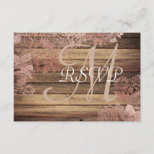 Monogram Rustic Wood Rose Lace Wedding RSVP Card